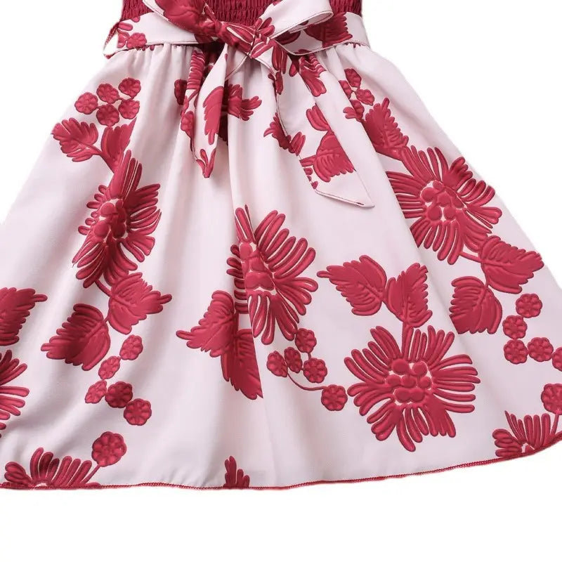 Kids Floral Printed Green Bow Dress Summer Wear