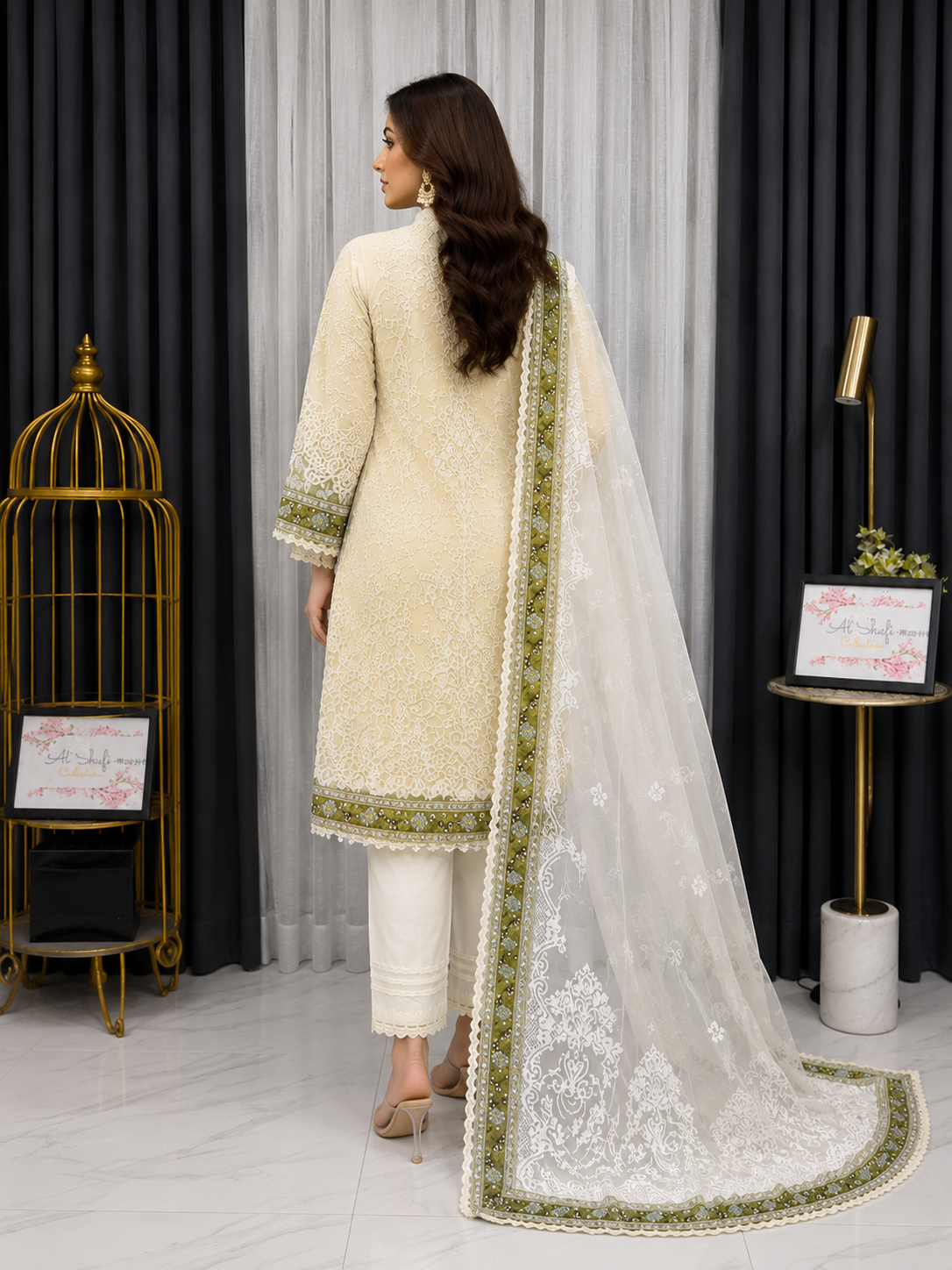 Luxury Ivory & Olive Green Embroidered 3 Piece Pakistani Suit for Women | Premium Formal Wear with Organza Dupatta