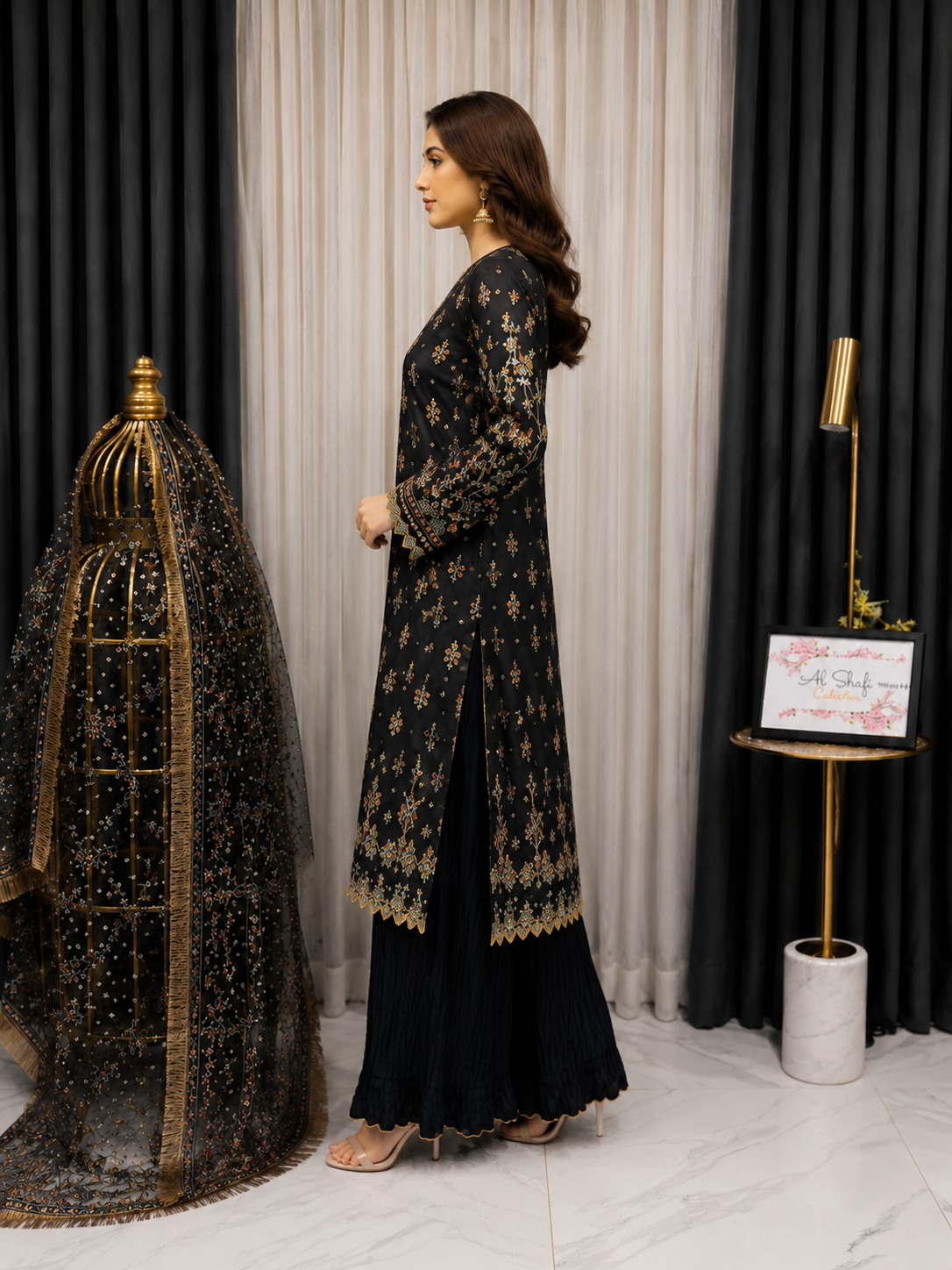 Luxury Black Embroidered Pakistani Salwar Kameez with Net Dupatta | Premium Party Wear 3-Piece Women's Formal Suit