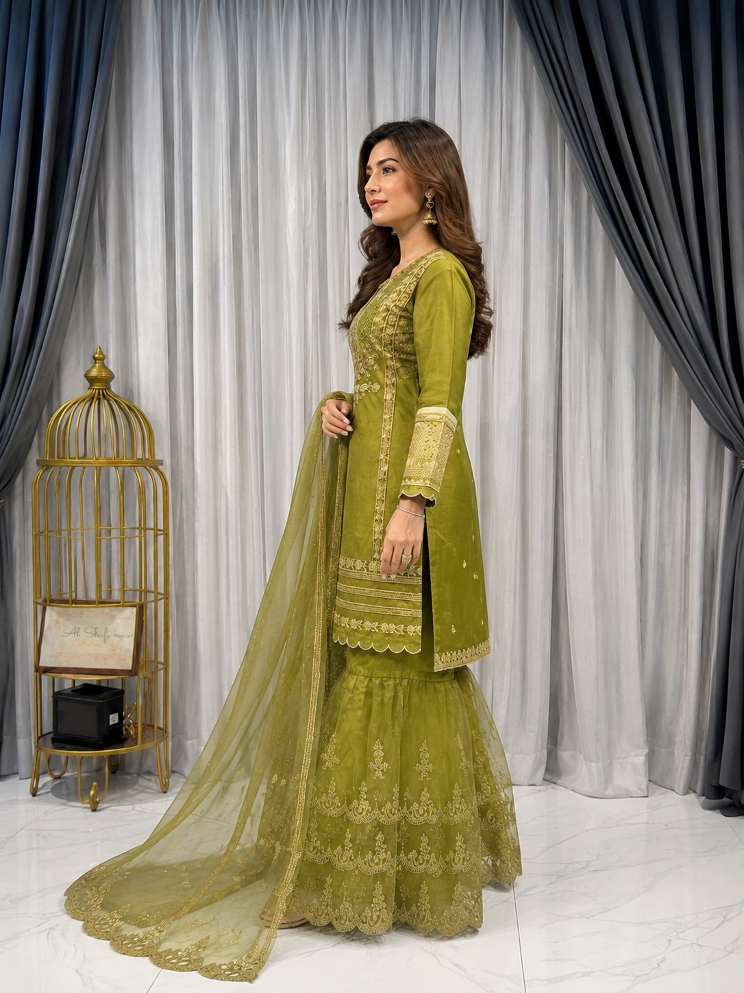 Olive Green Embroidered Organza 3 Piece Pakistani Suit for Women | Luxury Festive & Wedding Wear with Embroidered Dupatta and Sharara