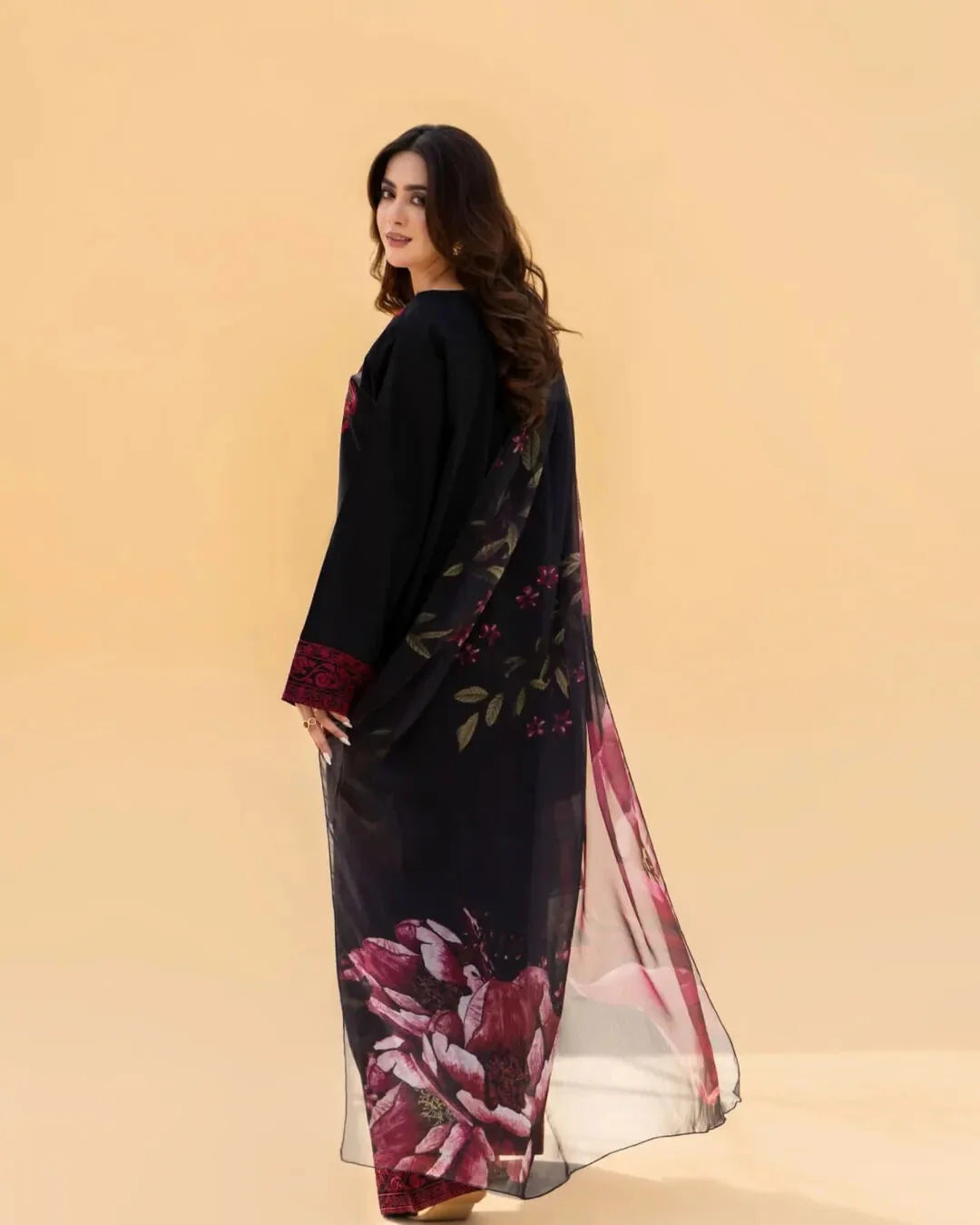 Black Embroidered Women's 3-Piece Lawn Suit with Floral Printed Chiffon Dupatta | Elegant Pakistani Salwar Kameez