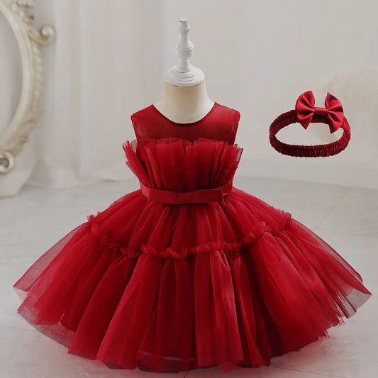 Red Puffy Tulle Dress with Bow Headband for Girls