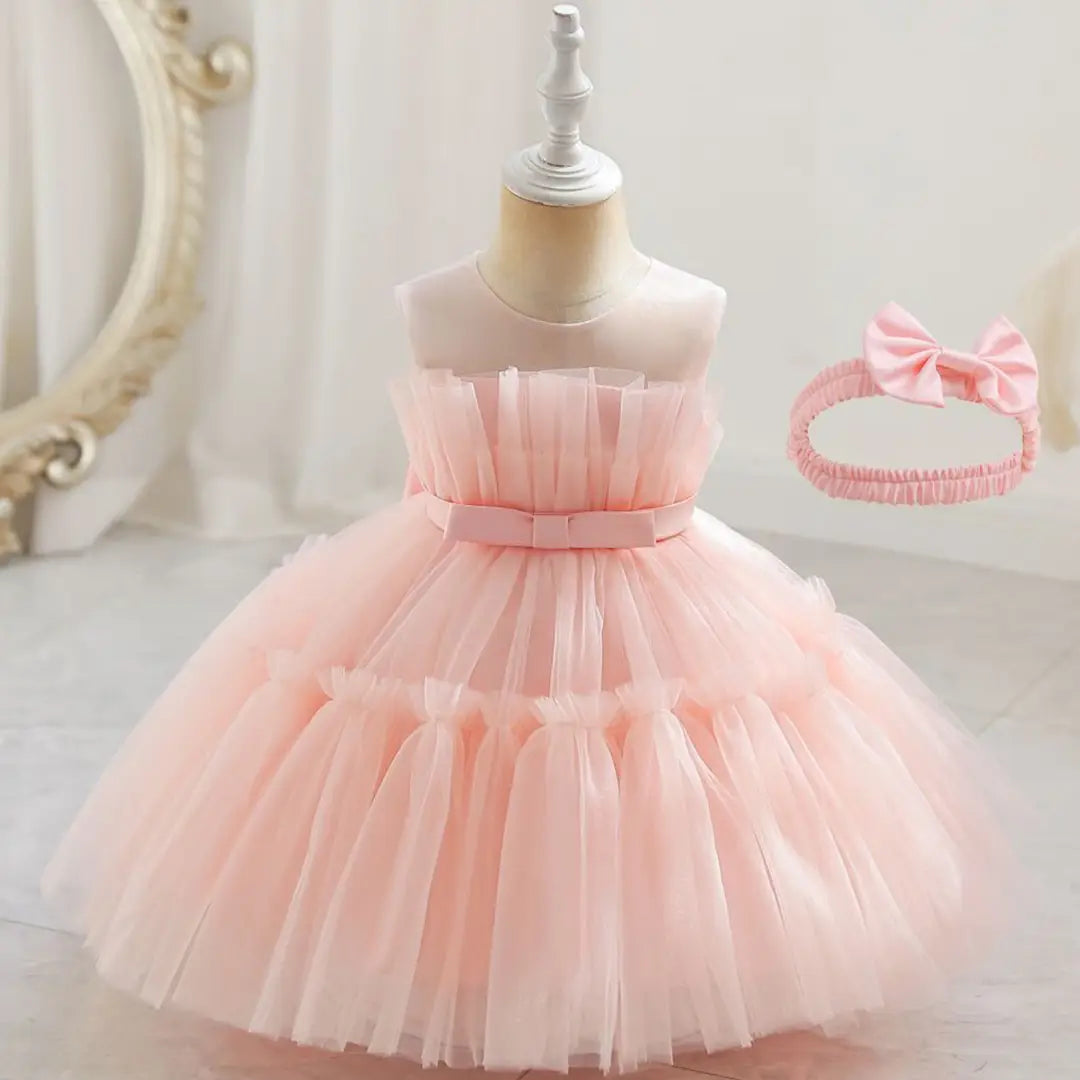 Red Puffy Tulle Dress with Bow Headband for Girls