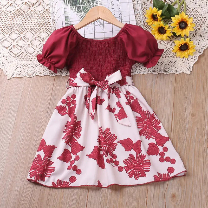 Kids Floral Printed Green Bow Dress Summer Wear