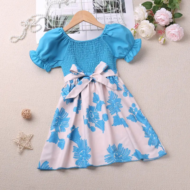 Kids Floral Printed Green Bow Dress Summer Wear