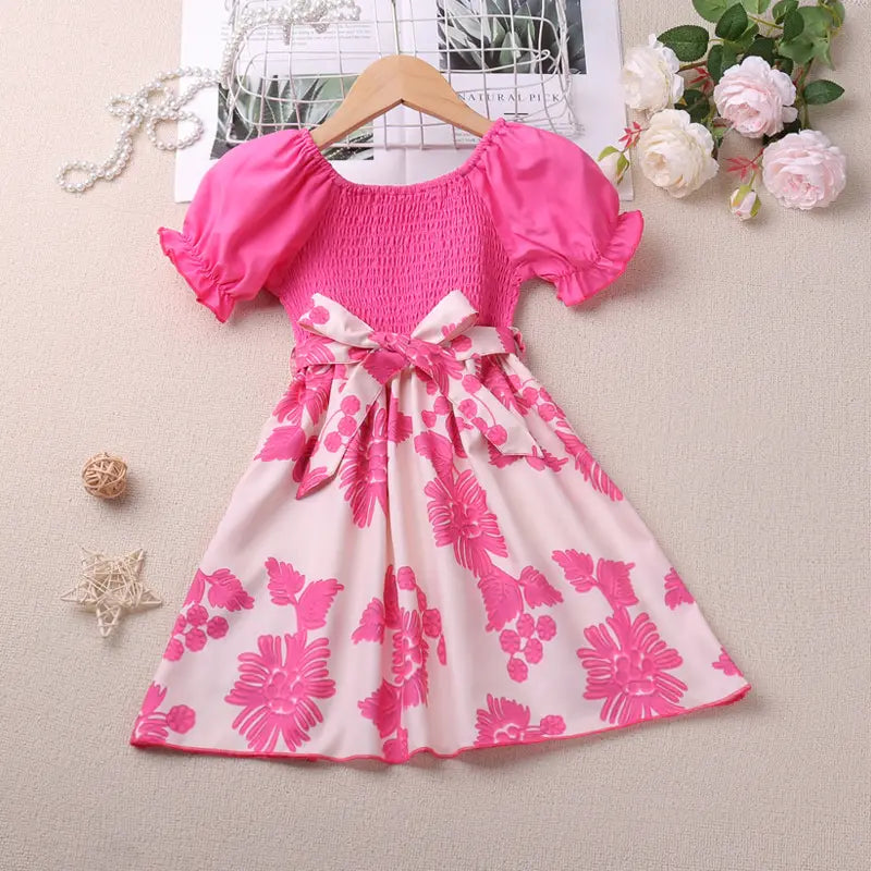 Kids Floral Printed Green Bow Dress Summer Wear