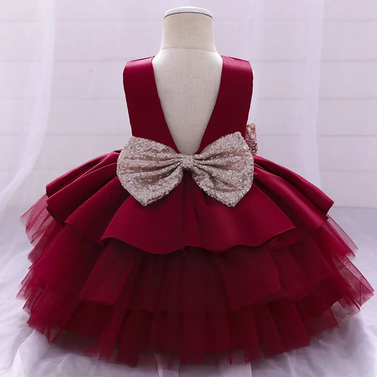 Burgundy Sequin Bow Tulle Dress for Kids