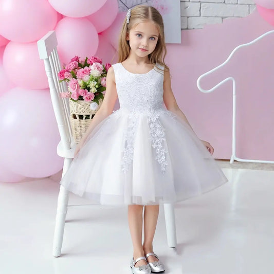 White Lace Embroidered Princess Dress for Girls