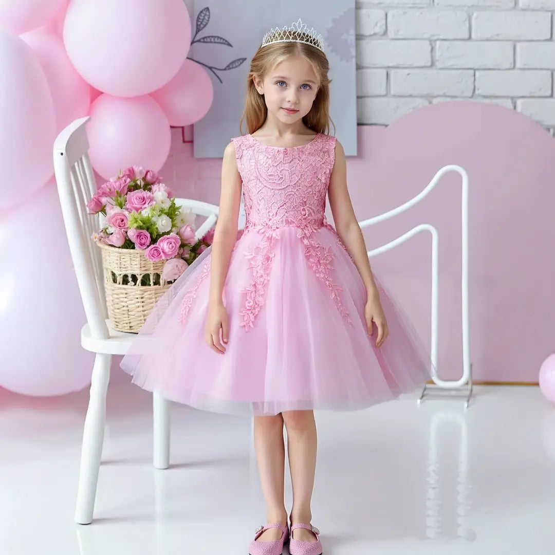 White Lace Embroidered Princess Dress for Girls