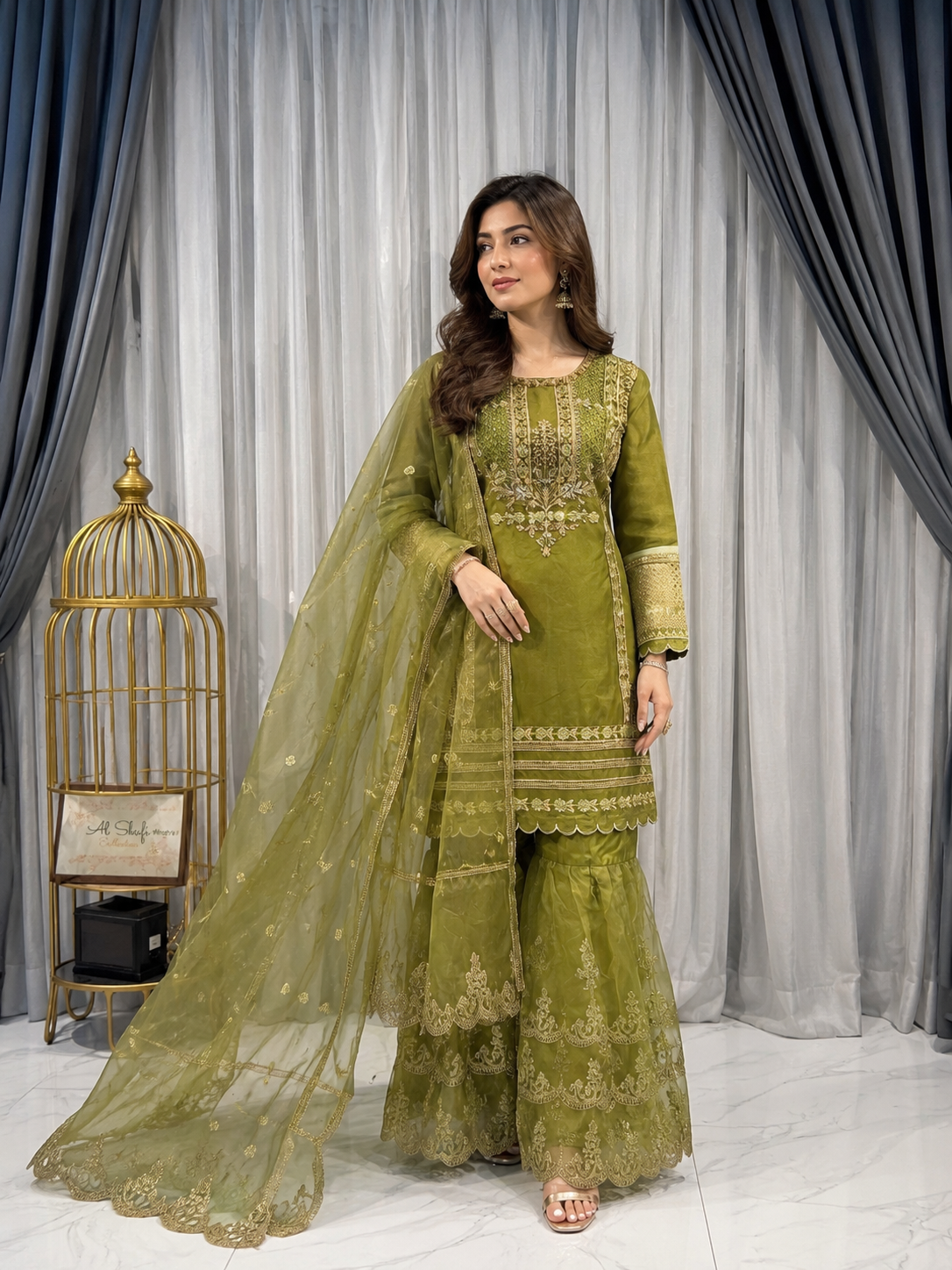 Olive Green Embroidered Organza 3 Piece Pakistani Suit for Women | Luxury Festive & Wedding Wear with Embroidered Dupatta and Sharara