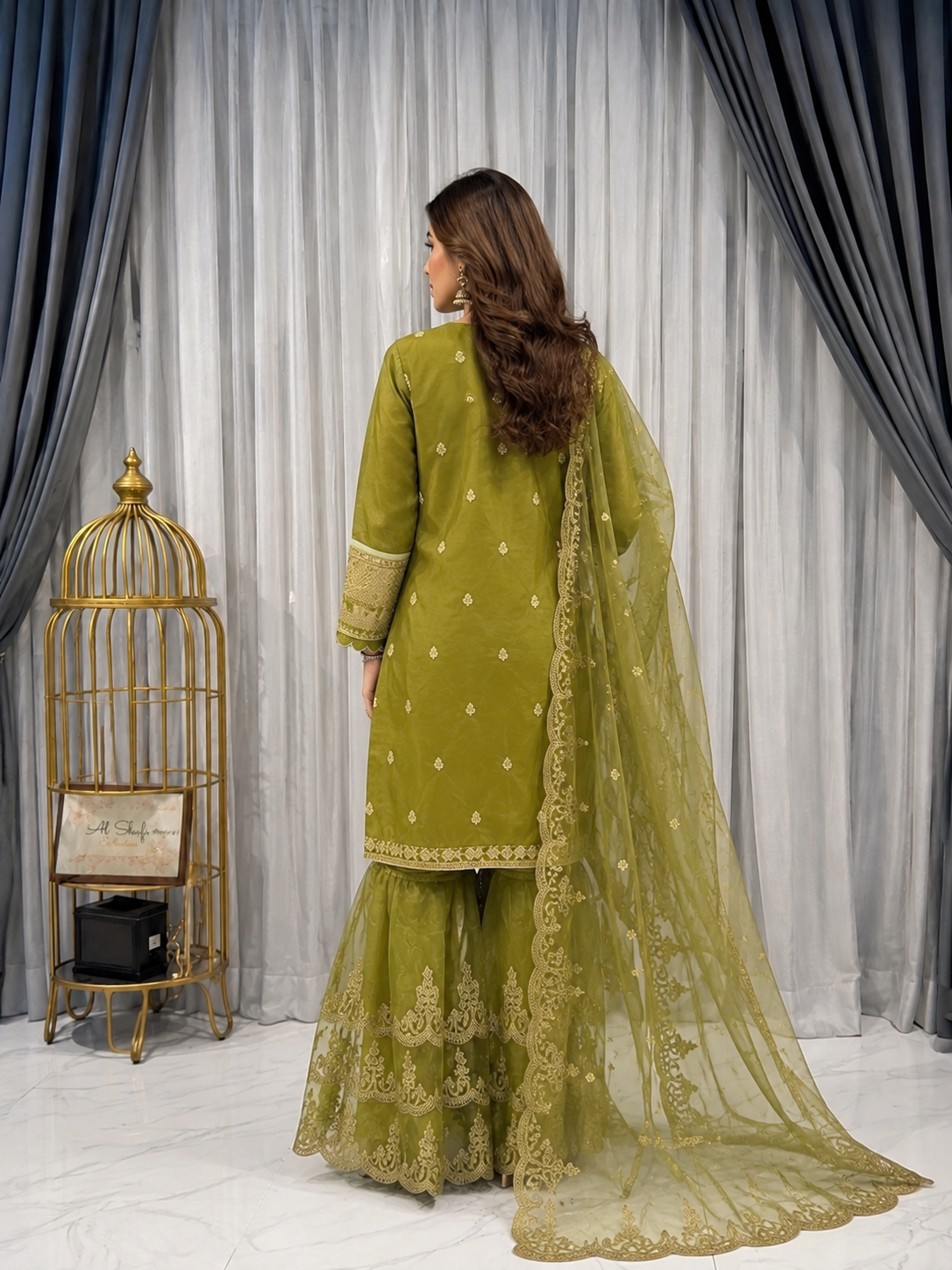 Olive Green Embroidered Organza 3 Piece Pakistani Suit for Women | Luxury Festive & Wedding Wear with Embroidered Dupatta and Sharara
