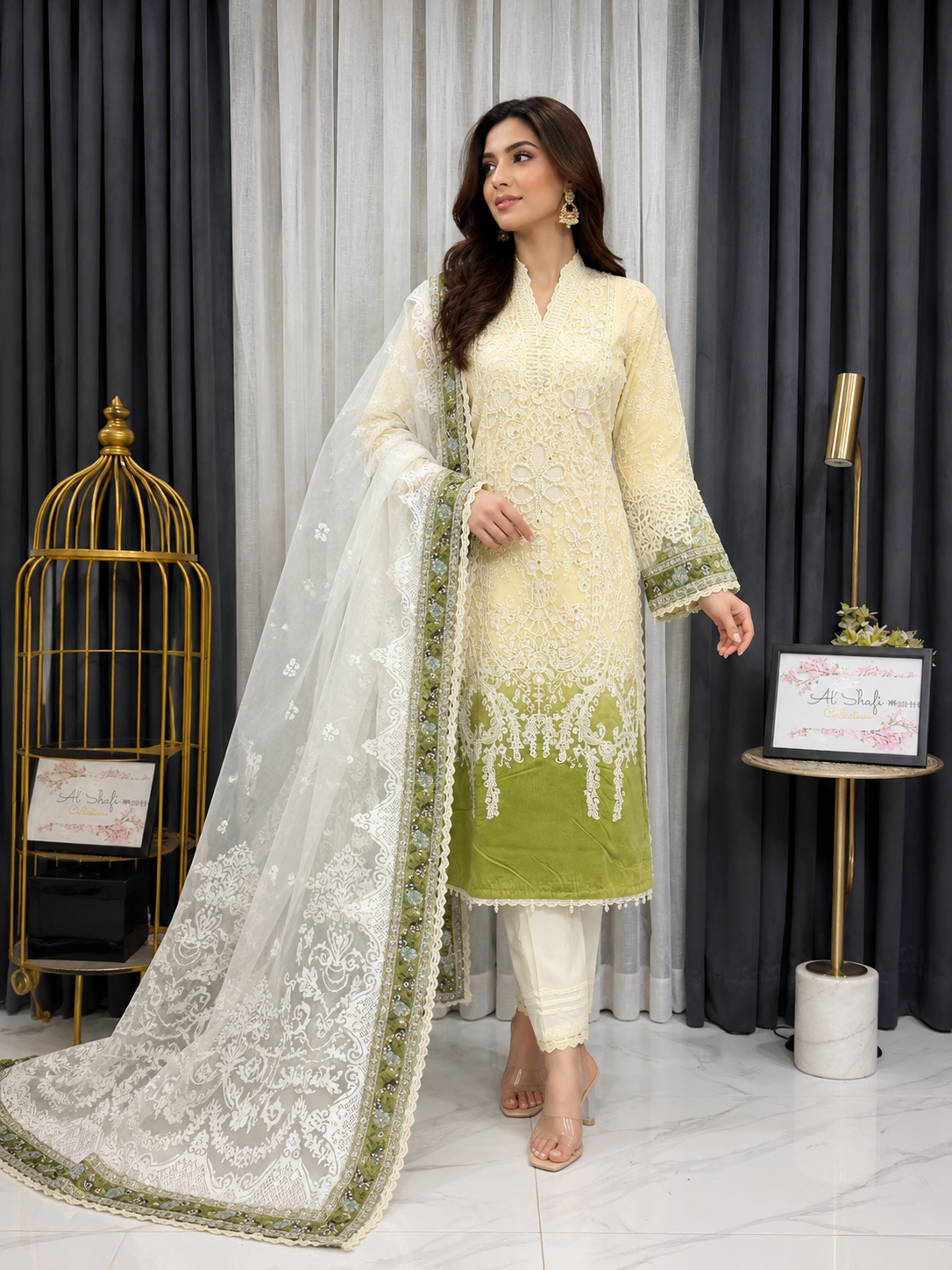 Luxury Ivory & Olive Green Embroidered 3 Piece Pakistani Suit for Women | Premium Formal Wear with Organza Dupatta