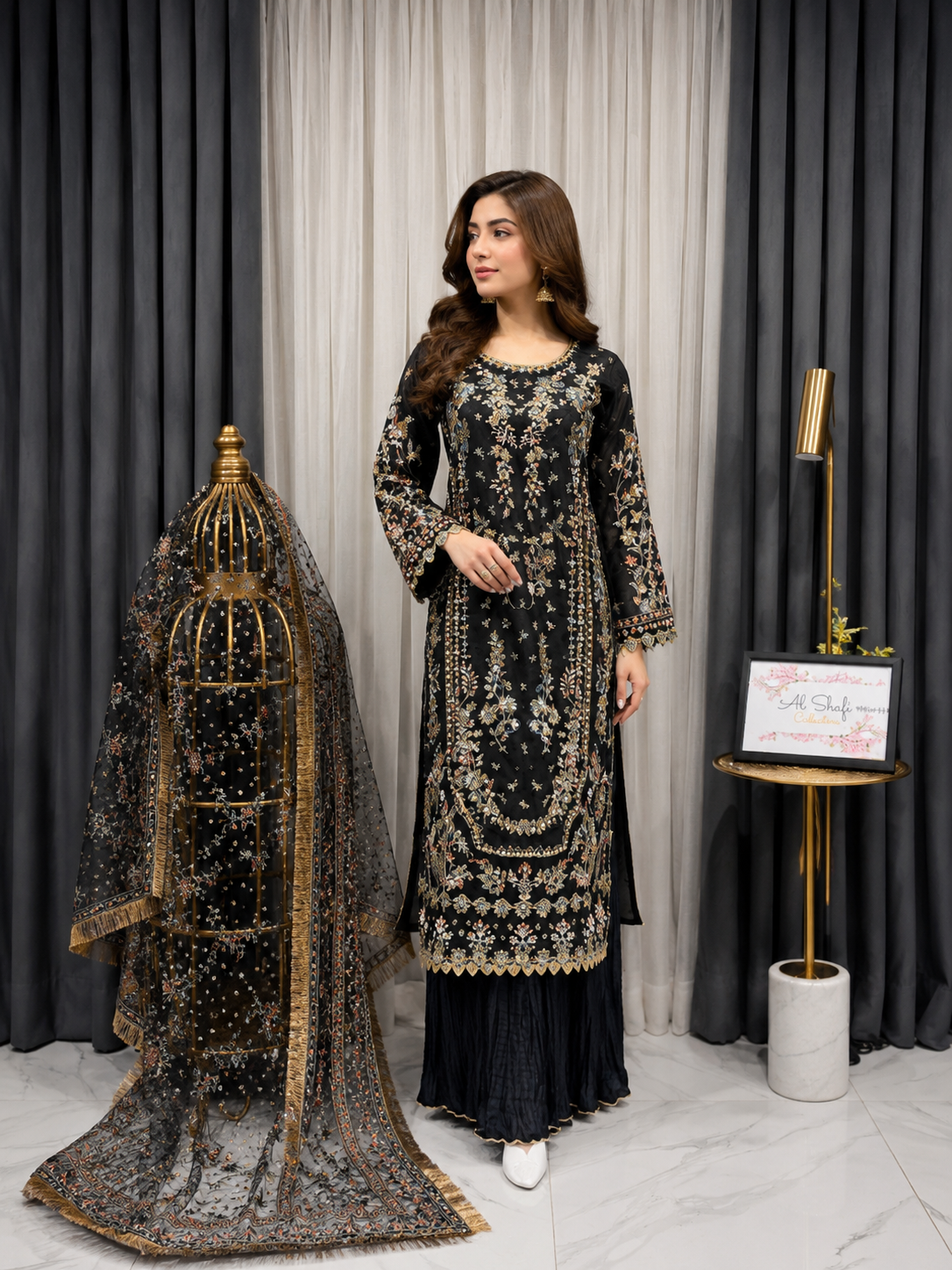 Luxury Black Embroidered Pakistani Salwar Kameez with Net Dupatta | Premium Party Wear 3-Piece Women's Formal Suit
