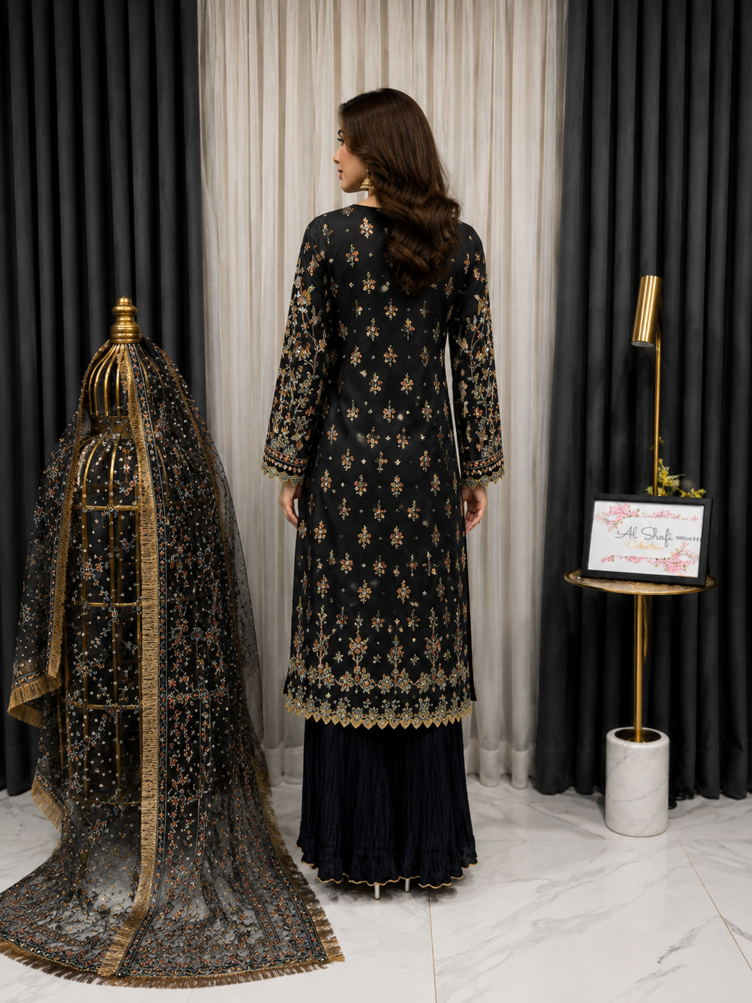 Luxury Black Embroidered Pakistani Salwar Kameez with Net Dupatta | Premium Party Wear 3-Piece Women's Formal Suit