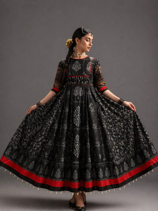 Elegant Black Printed Anarkali Dress for Women | Premium Ethnic Wear