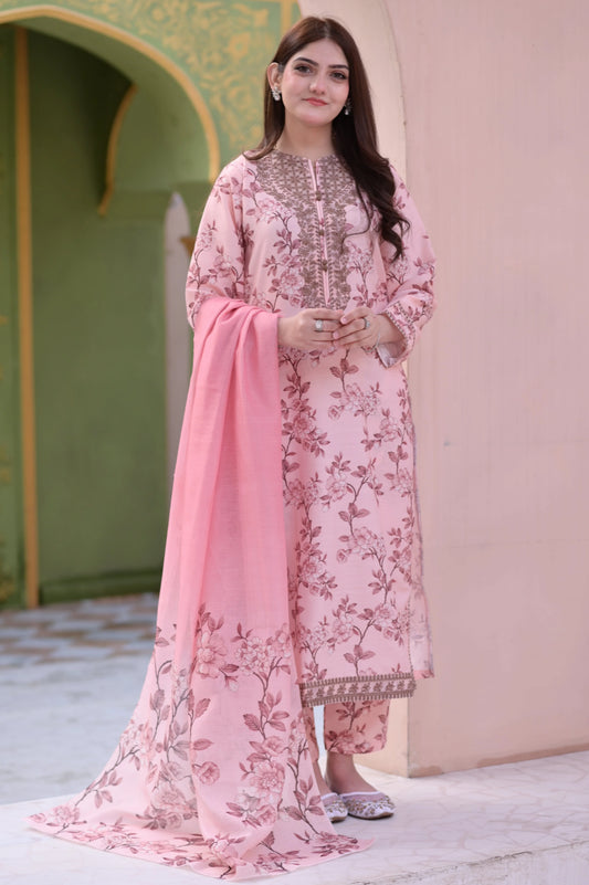 Elegant Pink Floral Printed Lawn Suit with Embroidered Neck & Matching Dupatta | Women's Summer Collection