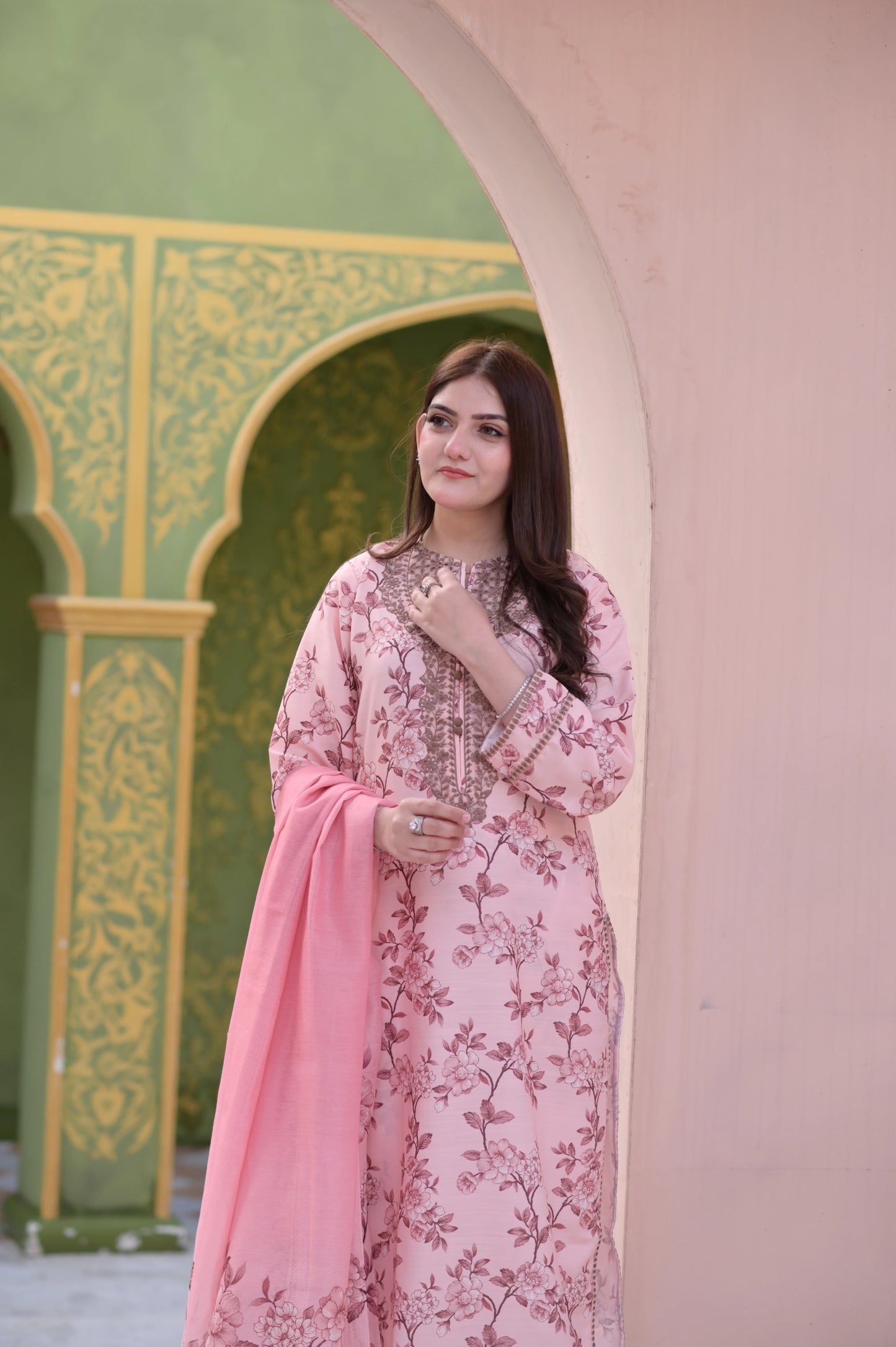 Elegant Pink Floral Printed Lawn Suit with Embroidered Neck & Matching Dupatta | Women's Summer Collection