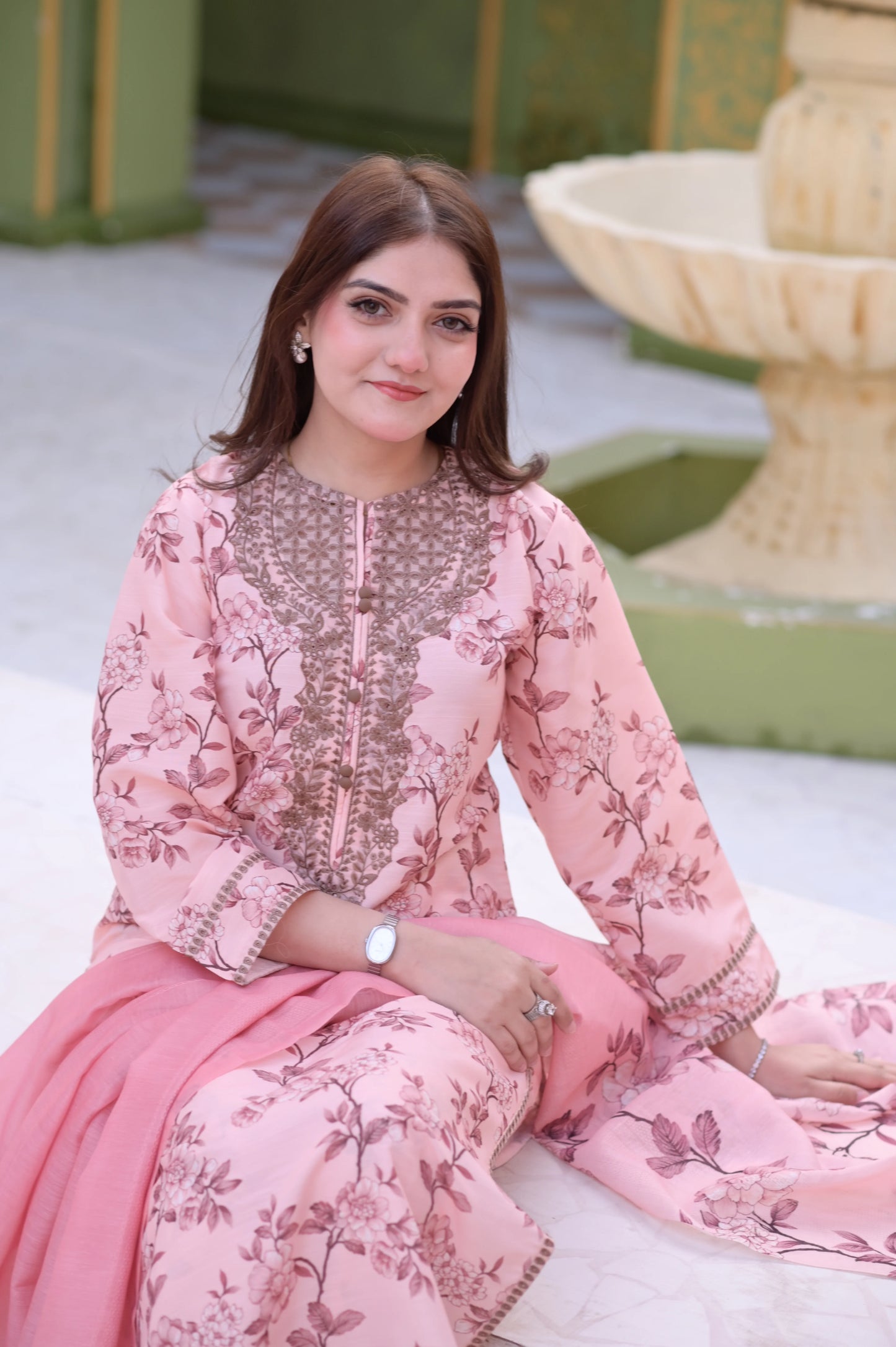 Elegant Pink Floral Printed Lawn Suit with Embroidered Neck & Matching Dupatta | Women's Summer Collection