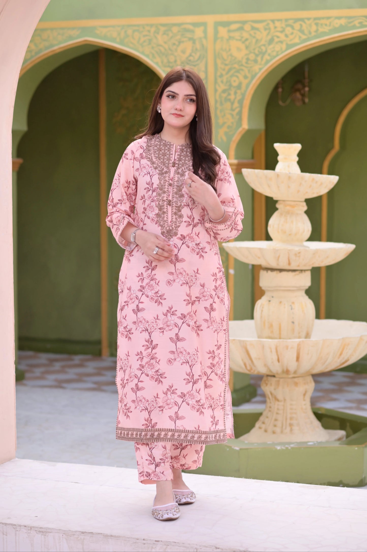 Elegant Pink Floral Printed Lawn Suit with Embroidered Neck & Matching Dupatta | Women's Summer Collection
