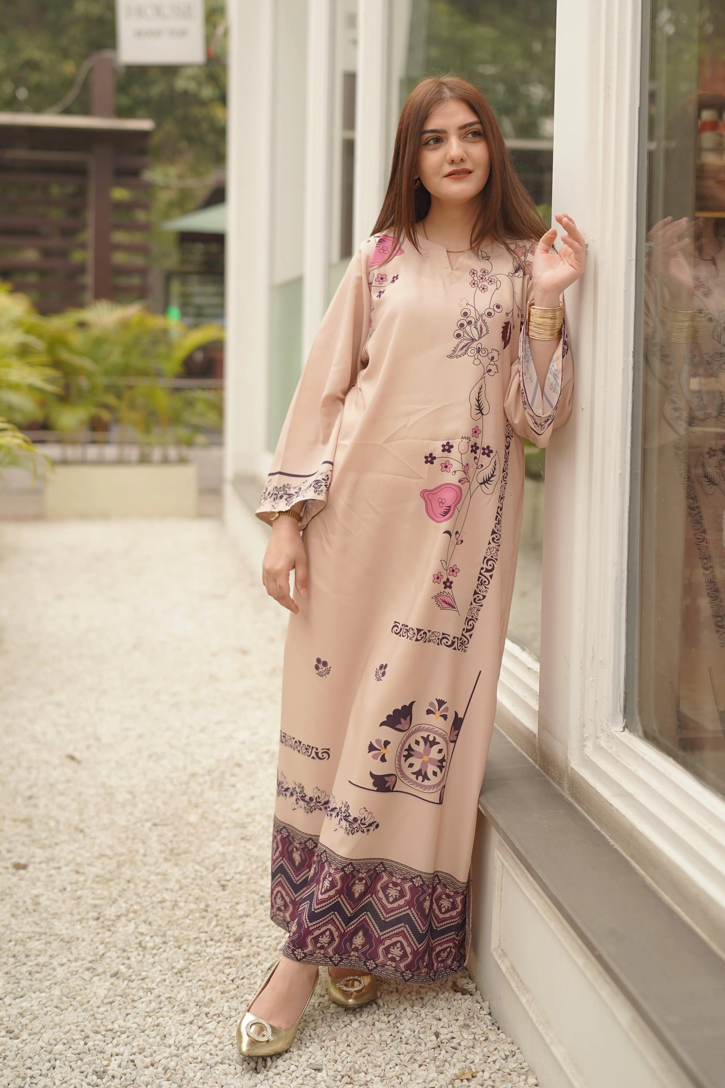 Elegant Beige Printed Maxi Dress for Women | Floral Long Kurti with Stylish Border Design