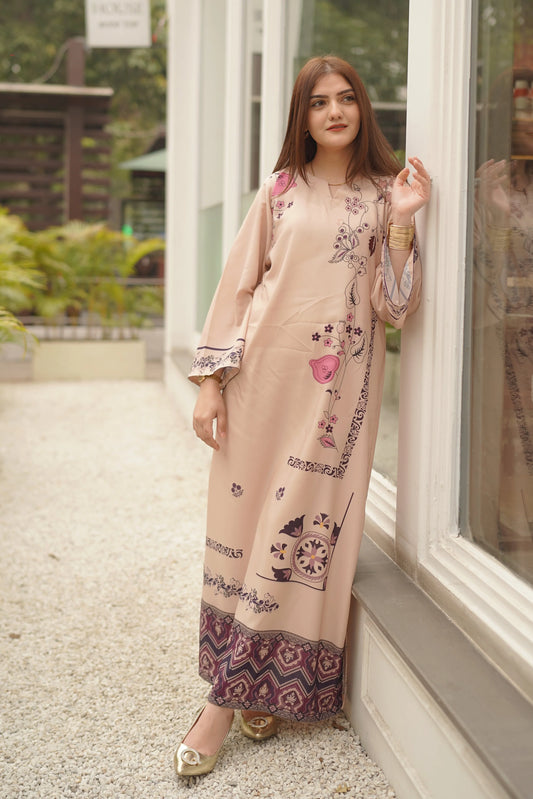 Elegant Beige Printed Maxi Dress for Women | Floral Long Kurti with Stylish Border Design
