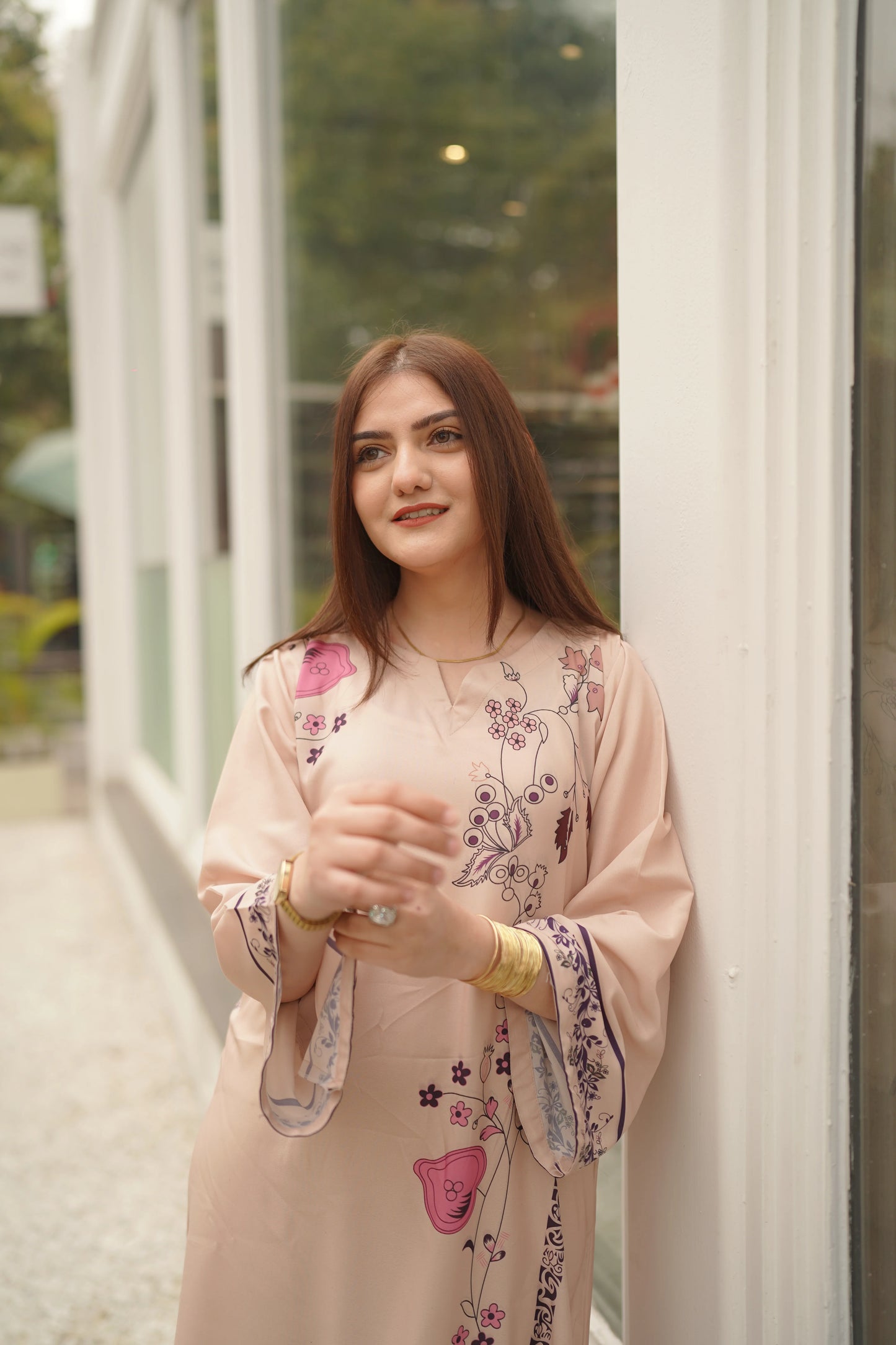 Elegant Beige Printed Maxi Dress for Women | Floral Long Kurti with Stylish Border Design