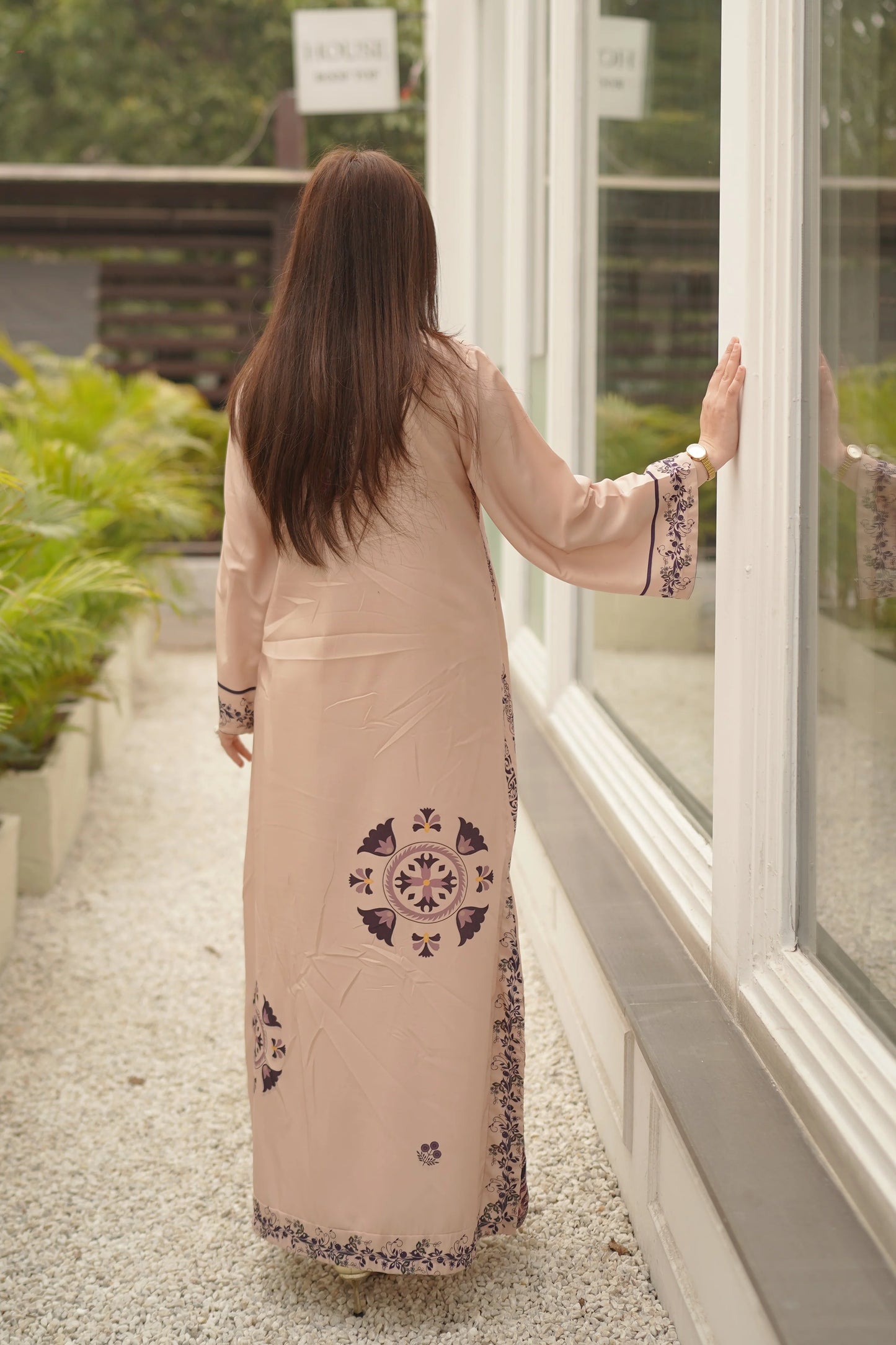 Elegant Beige Printed Maxi Dress for Women | Floral Long Kurti with Stylish Border Design