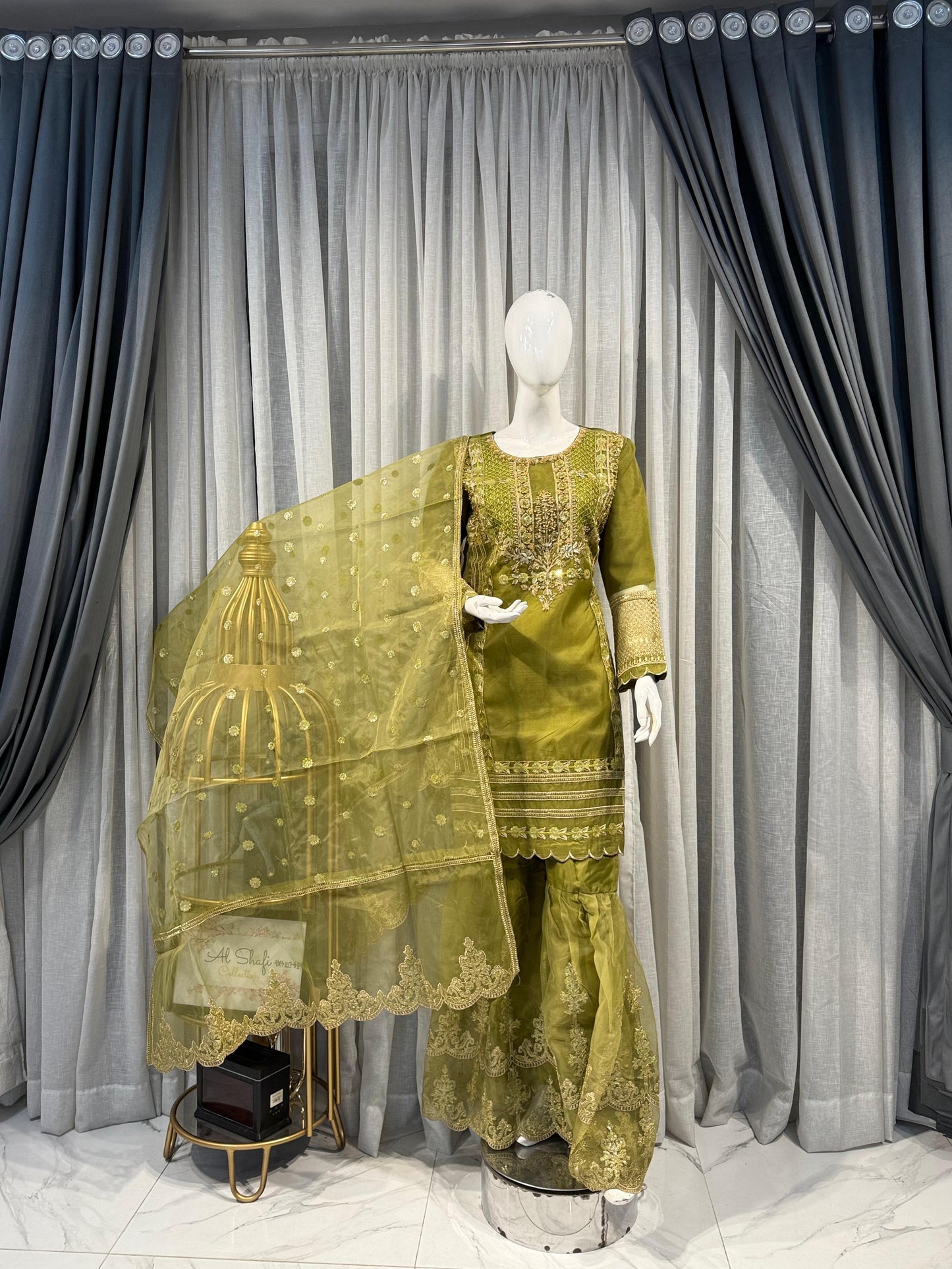 Olive Green Embroidered Organza 3 Piece Pakistani Suit for Women | Luxury Festive & Wedding Wear with Embroidered Dupatta and Sharara