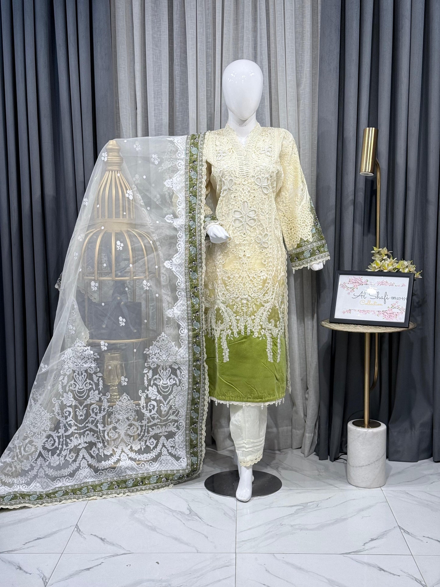 Luxury Ivory & Olive Green Embroidered 3 Piece Pakistani Suit for Women | Premium Formal Wear with Organza Dupatta