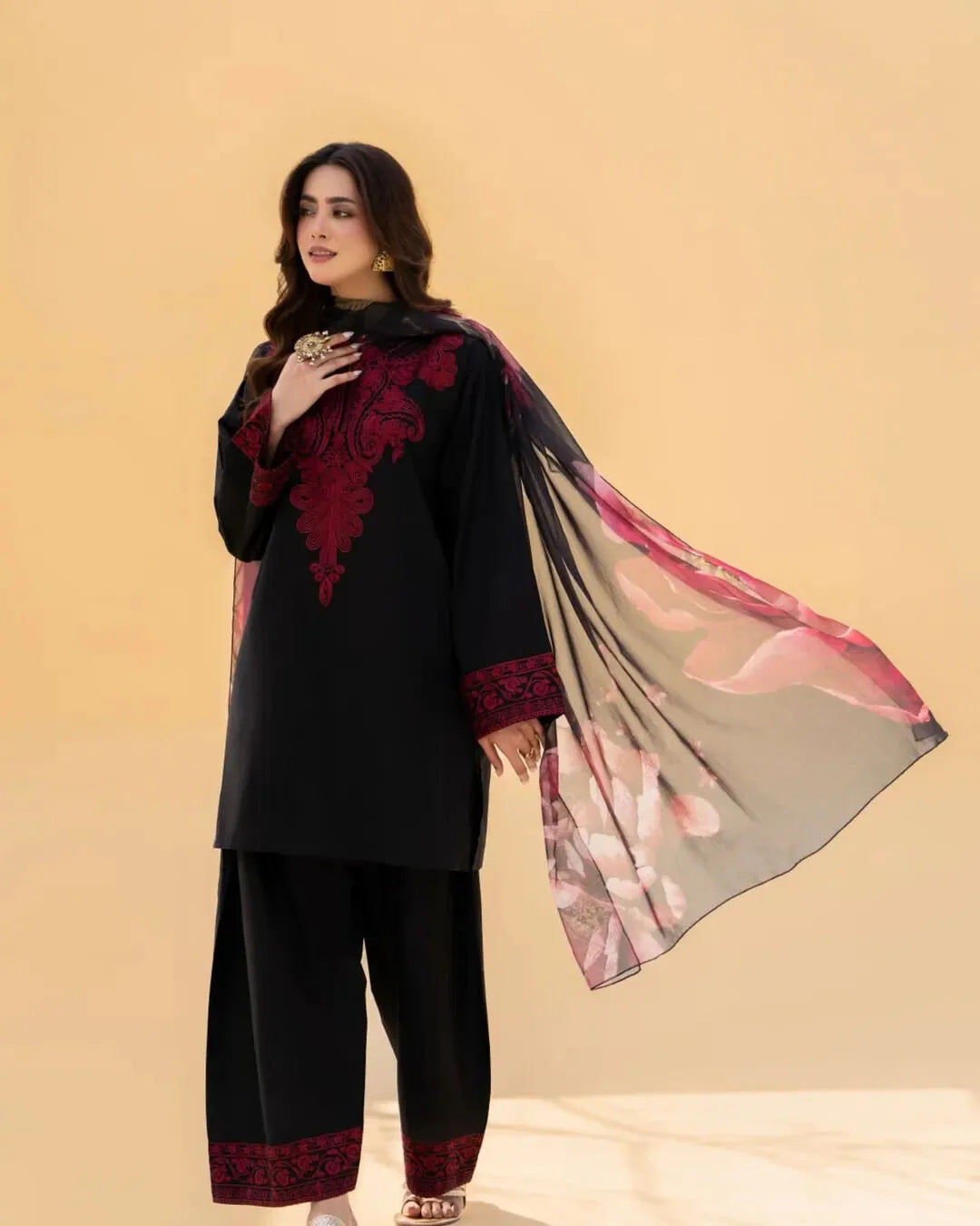 Black Embroidered Women's 3-Piece Lawn Suit with Floral Printed Chiffon Dupatta | Elegant Pakistani Salwar Kameez